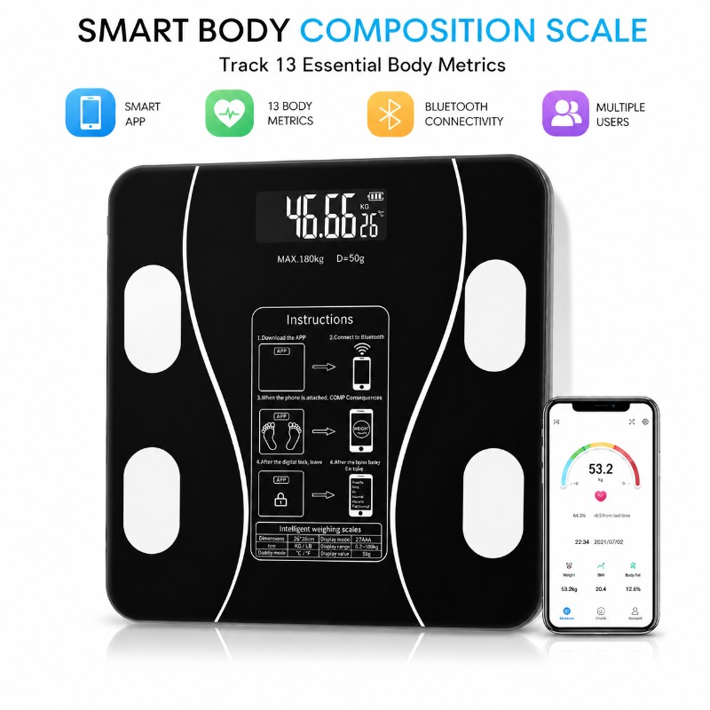 Home Bathroom Scales - Intelligente Bluetooth-Körperfettwaage Digitale Badezimmerwaage Körperzusammensetzungs-Analysegerät Multi-Körper-Daten-Test