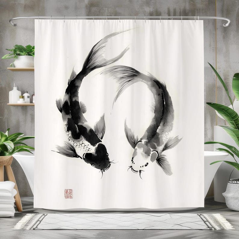 Japanese Home Bathroom Design - Fisch-Duschvorhang, wasserdichter Stoff-Badevorhang, Zen-Badezimmer-Dekor, schwarz-weißes japanisches