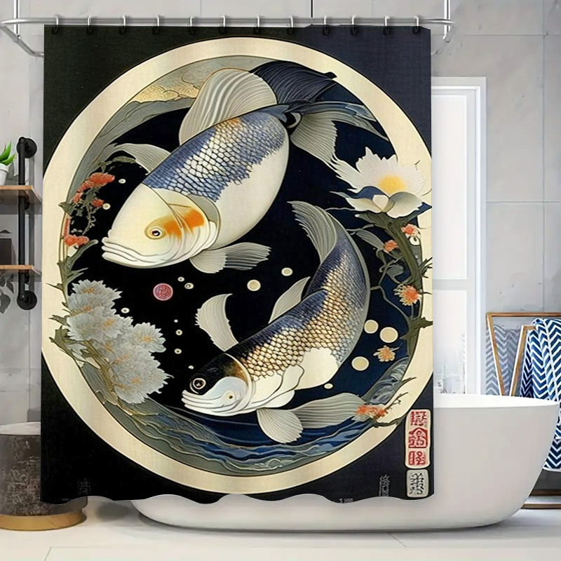 Japanese Home Bathroom Design - Vintage japanischer Fischdruck Duschvorhang, wasserdicht, dekorativ,