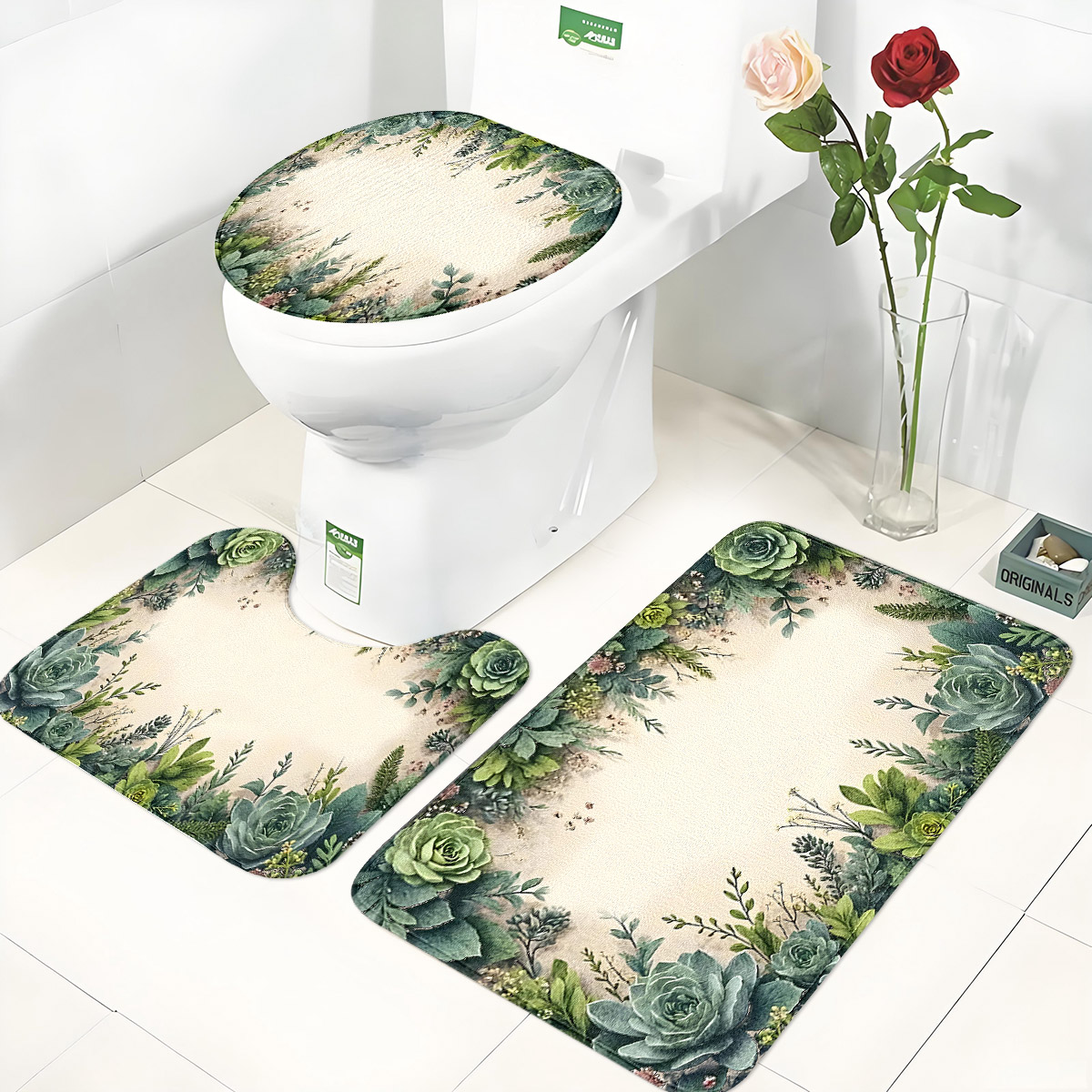 Zara Home Bathroom Mat - Retro Sukkulenten Badezimmer Dreiteiliges Set: Flanell-Toilettenmatte