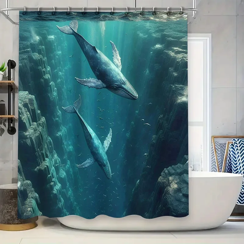 Home Bathroom Remodel - 3D-gedruckter Wal-Duschvorhang, wasserdicht, Baddekoration, Kunststoffstangen-Top-Haken-Set für