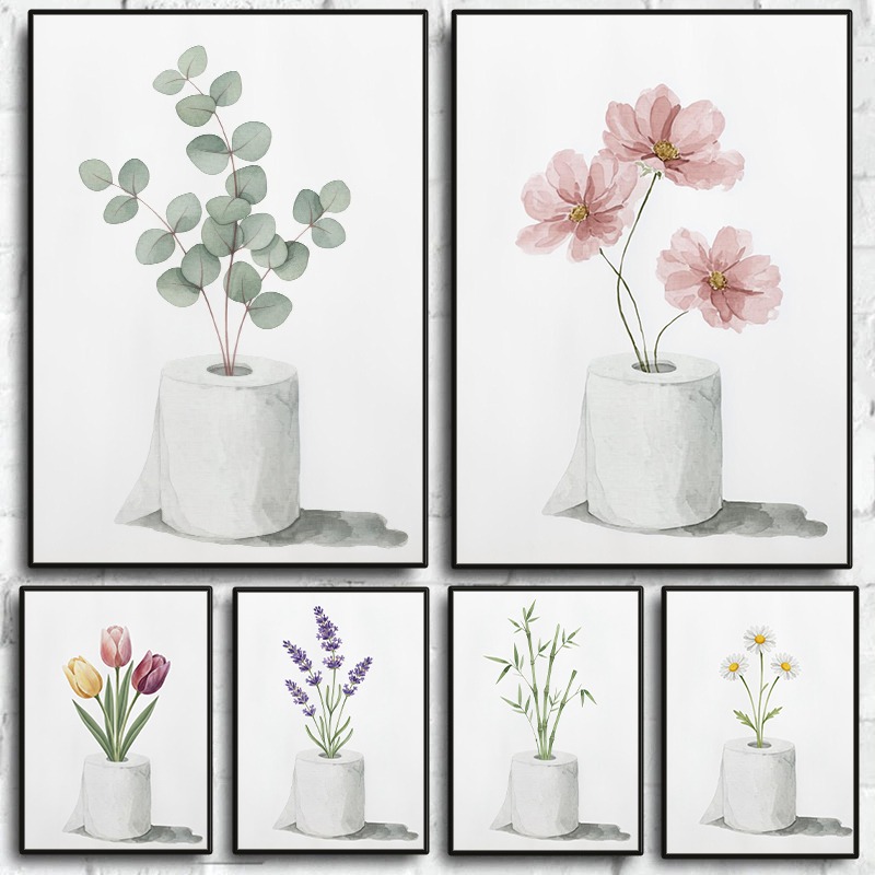 Home Bathroom Painting Ideas - Buntes Blumen-Toilettenpapierrollen-Poster, Lustiges WC-Pflanzen-Botanisches Leinwandgemälde, Idee